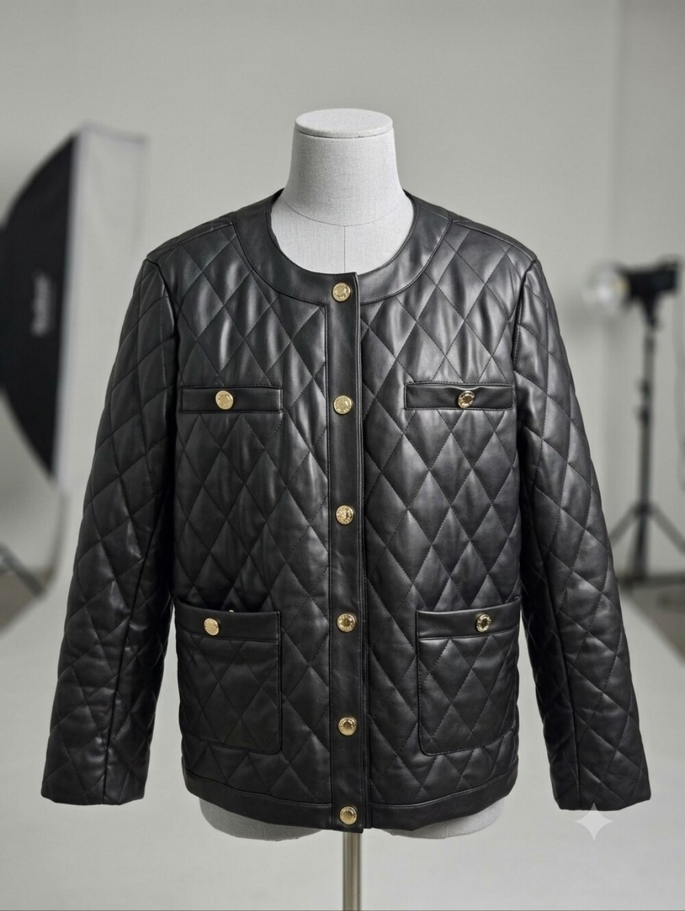 Anne Klein Black Quilted Snap-Front Leather Jacket - Picture 2 of 4